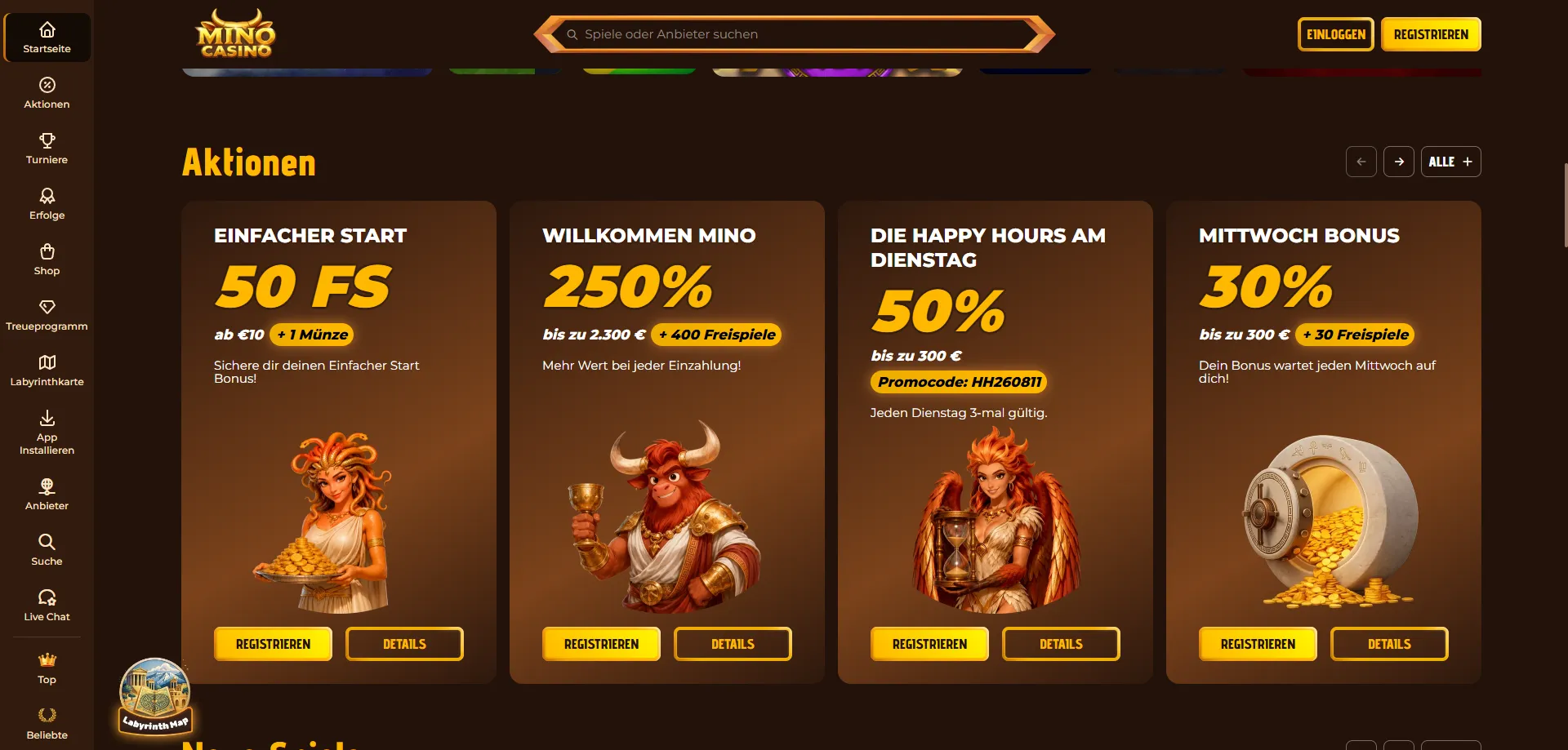 Mino Casino Willkommensbonus und Promotionen für Neukunden